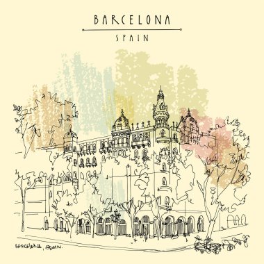 Barselona, Katalonya, İspanya turistik kartpostalı. Placa Catalunya yakınlarında güzel bir mimari. Seyahat eskizi çizimi eski usul. El yapımı klasik turistik kartpostal, poster, sanatsal baskı