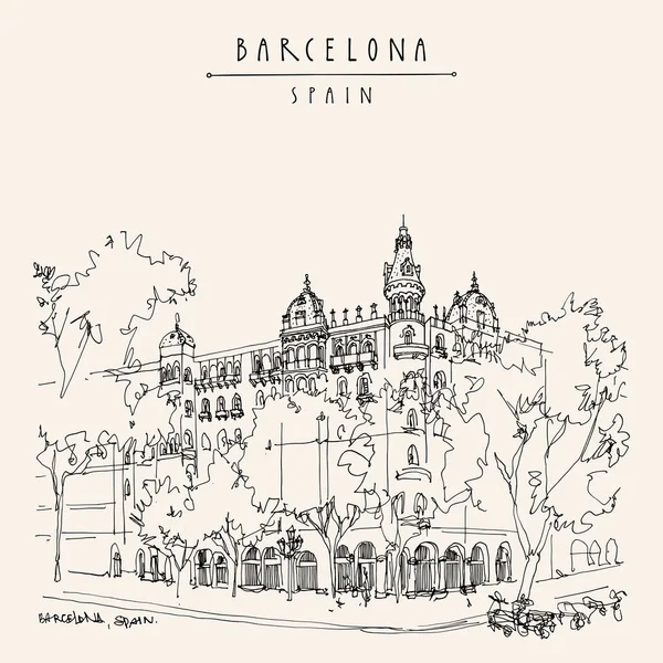 巴塞罗那加泰罗尼亚西班牙旅游明信片Placa Catalunya附近美丽的建筑 以复古风格的旅行素描艺术 手绘复古旅游明信片 艺术印刷品 — 图库矢量图片