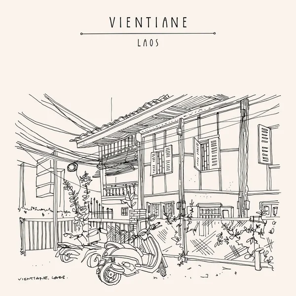 Vientiane Laos Sydostasien Vintage Handritat Turistiskt Vykort Scooters Parkerade Restaurang — Stock vektor