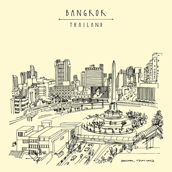 Bangkok Thailand Asien Panorama Bahn Handgezeichnete Postkarte Siegesdenkmal Retro Stil — Stockvektor