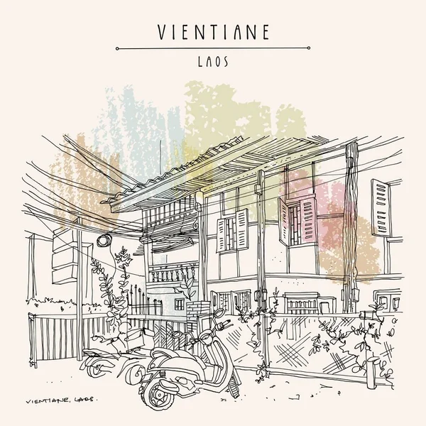 Vientiane Laos Sudeste Asiático Cartão Postal Turístico Desenhado Mão Vintage — Vetor de Stock