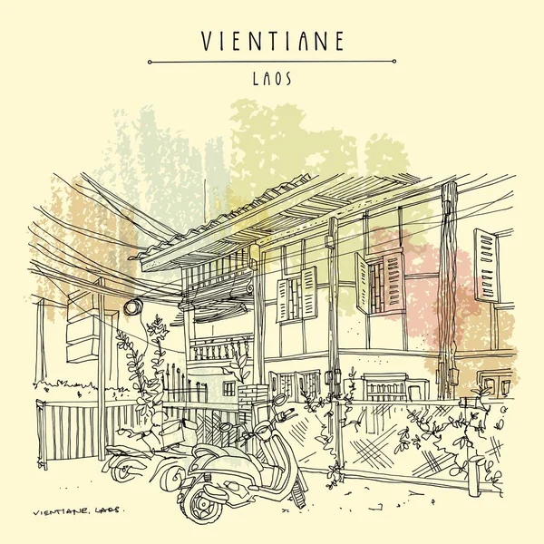Vientiane Laos Southeast Asia Vintage Met Hand Getrokken Toeristische Ansichtkaart — Stockvector