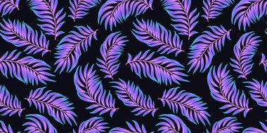 Tropik, pürüzsüz desen. Tropikal neon floresan dijital kağıt. Buhar dalgası estetik palmiyesi geriye dönük dalga arkaplanı bırakır. Fütüristik kumaş, dikişsiz arkaplan. Egzotik siber punk tropik duvar kağıdı