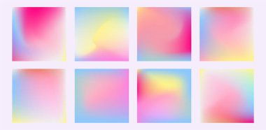 Holografik arka plan ayarlandı. Bulanık efekt sıvı soyut sanat eserleri hologram arkaplan. Modern renkli yumuşak sıvı aura örgü eğimlerinin toplanması. Gelecekçi sosyal medya paylaşımları