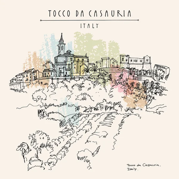 Tocco Casauria Pescara Abruzzen Süditalien Handgezeichnete Retro Touristenpostkarte Poster Kirche — Stockvektor