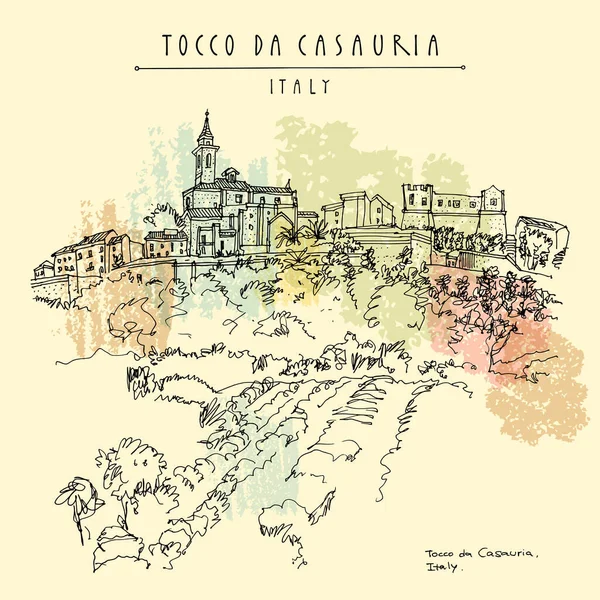 Tocco Casauria Pescara Abruzzo Italia Cartolina Turistica Retrò Disegnata Mano — Vettoriale Stock