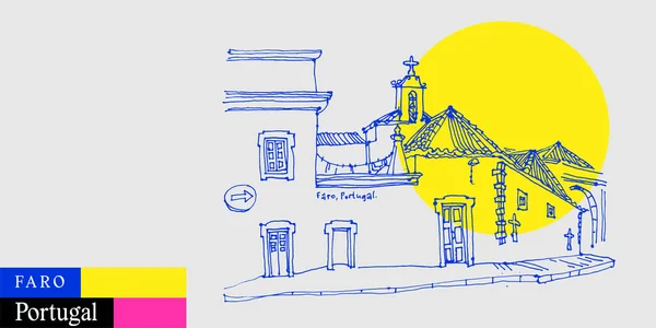 ファロポルトガル郵便はがき 古い町の通り 居心地の良い高齢者の家や教会 芸術的ドローイング 明るい鮮やかな色でアルガルヴェ旅行スケッチ 現代手描き観光ポスターイラスト — ストックベクタ