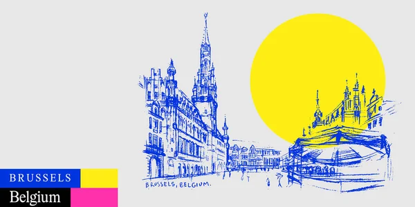 Bruselas Bélgica Postal Esbozo Artístico Viaje Grand Place Colores Brillantes — Archivo Imágenes Vectoriales