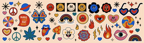 stock vector Groovy psychedelic smiley faces. Set of cool bold retro illustrations. Crazy social media emoticons. Positive vibes funky hippie emotion stickers. Faces with different emotions