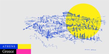 Yunanistan, Atina 'daki Parthenon tapınağı ve Akropolis tepesi. Antik Yunan tarihi posta kartı. Parlak renkli sanatsal seyahat skeci. Modern el çizimi turistik poster illüstrasyonu