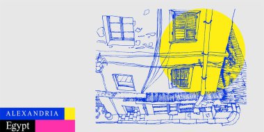 İskenderiye 'de eski bir ev, Mısır' dan kartpostal. Eski İngiliz mimarisi. Parlak renkli seyahat çizimi yap. Modern el çizimi turistik poster, kitap illüstrasyonu