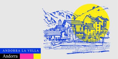 Andorra la Vella kartpostalı. Pireneler 'deki samimi Avrupa kasabası. Retro el çizimi. Andorra seyahat çizimi parlak renkli. Modern el çizimi turistik poster, kitap illüstrasyonu