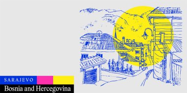 Saraybosna, Bosna kartpostalı. Balkanlar, Güney Avrupa. Eski Yugoslavya. Camii olan eski kasabada bir cadde. Parlak sanatsal seyahat skeci. Modern el çizimi turistik poster, kitap illüstrasyonu