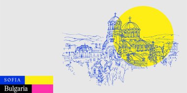 Sofya, Bulgaristan kartpostalı. Aziz Alexander Nevsky Katedrali. Parlak renkli sanatsal seyahat skeci. Modern el çizimi turistik poster, kitap illüstrasyonu