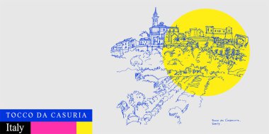 Tocco da Casauria, Pescara, Abruzzo, Güney İtalya kartpostalı. Kilise, kale ve vinery manzara resimleri. Parlak seyahat skeci. Modern el çizimi turistik poster, şarap paketi illüstrasyonu