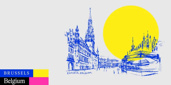 Брюссельская Ратуша Бельгия Рисует Открытку Художественный Эскиз Городской Площади Гроте — стоковый вектор