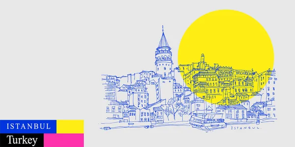 이스탄불 갈라타 갈라타 카라코 구역은 보스포루스에서 내려다 예술적 스케치 현대에 — 스톡 벡터