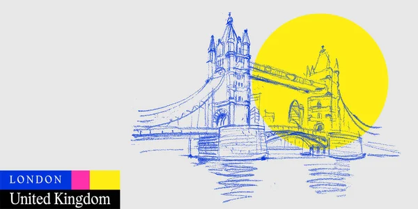 ロンドン イギリス イギリスのポストカード テムズ川の有名なタワーブリッジ 明るい鮮やかな色で英国の芸術旅行スケッチ 現代イギリスの手描きの観光ポスター 本のイラスト — ストックベクタ