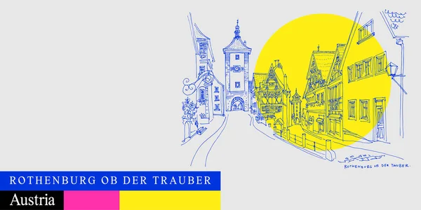 Rothenburg Der Tauber Germany Europe Postcard 旧中心的图解 中世纪西柏斯塔的历史大门 古老的房子 明亮的震动旅行草图 — 图库矢量图片