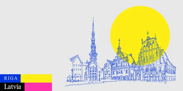 拉脱维亚明信片 拉托维亚里加老城的黑头家族 圣彼得斯教堂和罗兰雕像 色彩艳丽的旅行素描 现代手绘旅游横幅 — 图库矢量图片