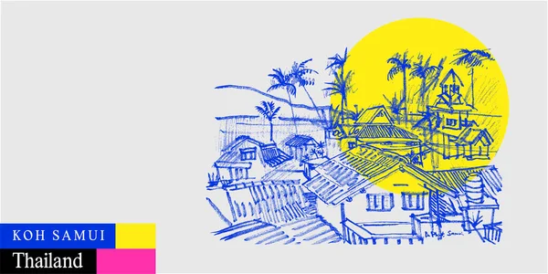 Koh Samui Tailandia Dibujando Postal Resort Isla Tropical Con Palmeras — Vector de stock