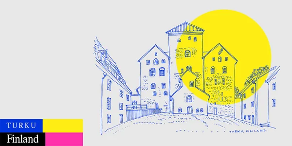 芬兰的图尔库明信片 中世纪的欧洲图尔库城堡复古画 色彩艳丽的旅行素描 现代手绘旅游海报 — 图库矢量图片
