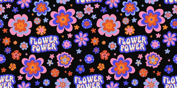 Tatlı Çiçek Gücü Tipografisi Ile Retro Groovy Daisy Psychedelic Pürüzsüz — Stok Vektör