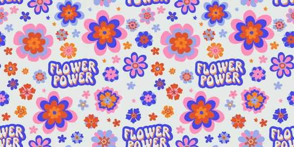 Tatlı Çiçek Gücü Tipografisi Ile Retro Groovy Daisy Psychedelic Transamless — Stok Vektör