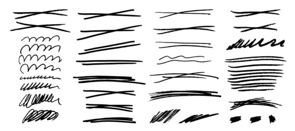 Набор нарисованных вручную грандиозных крестов, волн, линий выделения, штрихов и подчёркиваний. Черными чернилами зачеркиваются графические элементы. Каждый элемент объединен и изолирован на белом фоне