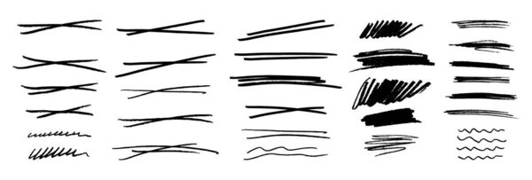 Набор грандиозных графических элементов. Ручной рисунок текстурированной ручки или карандаша подчеркивает, волны, прорывные каракули, линии акцента и кресты. Каждый элемент объединен и изолирован на белом фоне