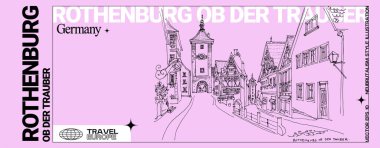 Rothenburg ob der Tauber, Almanya, Avrupa kartpostalı. Ortaçağ Sieber Kulesi tarihi kapısı, eski evler. Pembe arka planda seyahat çizimi. Modern el, neubrutalizm tarzında turistik afiş çekti