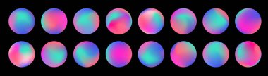 Vektör y2k hologram etiketleri, etiketler, pullar, holo rozetler ve soyut şekiller koleksiyonu. Kozmik mistik ışık gezegeni logosu. Yuvarlak yanardöner, parlak holografik doku, neon ikonlar ayarlandı