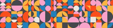 Vektör Bauhaus kusursuz desen. Geometrik şablon arka planı retro tarzında. Kırmızı, sarı, mavi ve pembe renkli basit soyut şekiller. Geometrik elementler duvar kağıdı