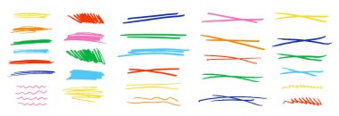 Set of colorful vector isolated childish graphic elements. Hand drawn textured pen or pencil brushstrokes, underlines, waves, strikethrough scribbles, emphasis lines and crosses clipart