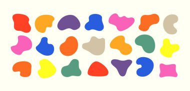 Modern amip şekilli vektör kümesi. Serbest biçimli tasarım elementleri. Beyaz arka planda canlı renkli 21 sıvı şekil çıkartması var. Organik sıvı düzensiz serbest biçim çizimi