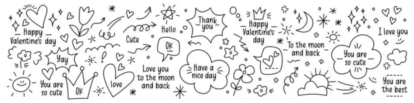 Cute Vector Glitter Pen Line Doodles Hearts Sparks Arrows Speech — Stock Vector