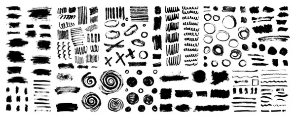 stock vector Chinese, Japanese, Korean calligraphy brush strokes, circles, lines, crosses. Rough hand-drawn black scratchy scribbles on paper. Big set of grungy vector ink brush elements