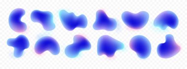 3D vektör holografik amip şekilleri kümesi. Modern serbest tasarım elementleri. Beyaz zemin üzerinde neon mavisi renkte 12 tane yumuşak sıvı şekil. Organik bağımsız krom parlaklık efekti çizimi