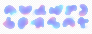 3D vektör holografik amip şekilleri kümesi. Modern serbest tasarım elementleri. Beyaz zemin üzerinde açık mavi pastel renkte 12 tane yumuşak sıvı şekil. Organik bağımsız krom parlaklık efekti çizimi