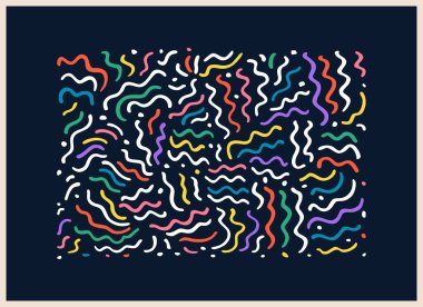 Oyuncu saf renkli dalga deseni. Siyah arka planda çok renkli kıvrımlı duvar sanatı. Çocukça sanatsal tuval kolajı. Kırmızı, sarı, mavi, pembe, menekşe, beyaz ve yeşil dalgalı çizgiler