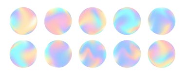 Y2k vektör hologramı ayarlandı. Soyut 3D sıvı yüzey koleksiyonu. Kozmetik paket tasarım elementleri. Yuvarlak parlak ikonlar dizildi. Açık gökkuşağı renkli daireler. Neon sıvısı holografik doku daireleri 