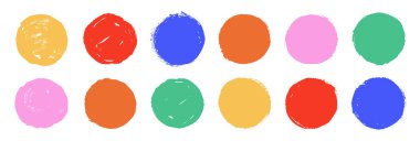 Zeki çocuklar el boyaması daireler çiziyor. Mürekkep fırçası sanat eserleri. Vektör el çizilmiş kirli dokular ayarlandı. Renkli yırtık kağıtlar, sıkıntılı daireler, pis logo şablonları. Dağınık çocuklar çizimi