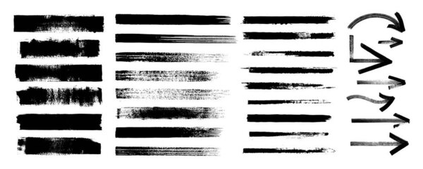 Straight thick vector lines and arrows. Black hand drawn brushstroke text boxes. Chinese, Korean, Japanese calligraphy brushstroke set. Rough grunge thick gouache paint texture. Sketchy ink rectangle textboxes