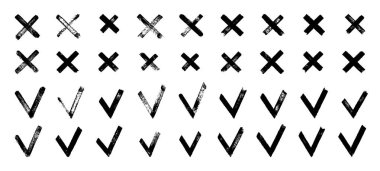 Şeffaf bg üzerindeki siyah mürekkep yanlış işaretler png. Siyah renkli fırça darbeleri ve V işaretleri. Elle boyanmış yanlış simgelerin vektör kümesi. Elle çizilmiş soyut evet ve sembol yok. Tüm elementler birleşti ve izole edildi