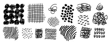 Çizgi dokusu ayarlandı. Siyah vektör el çizimi karalama arkaplan desenleri. Kalem işaretleri, daireler, çizgiler ve kapaklar. Haşin pasaklı kumaşlar, yalıtılmış vuruşlar, çizgiler, çapraz kapaklar sanat