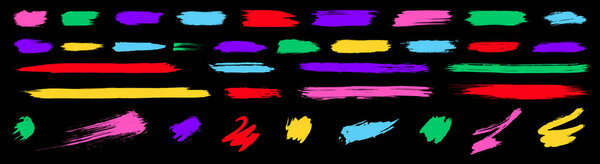 Детская коллекция кистей. Яркие векторные детские мазки кистью на черной плите. Шрифтовые элементы формы для графического дизайна. Окружающие пейзажи, подчёркивания, изолированные полосы, полоски, дабы, дауны