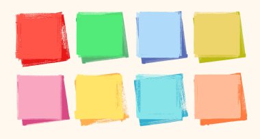 Renkli vektör yapışkan notlar kümesi. Kabataslak kağıt çerçeveler. Klasik kolaj kare elementleri. Beyaz defter sayfaları. Punk tarzında mesaj kutuları. Çocuksu sanat arka planda resmedildi