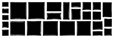 Siyah grunge vektör dikdörtgen ve kare metin kutusu çerçeveleri. Elle çizilmiş kaba desen fırça darbeleri. Şeffaf arka planda siyah boya pulları. Huysuz eskiz. Kirli duvar yazısı afişi. Mürekkep damlaları