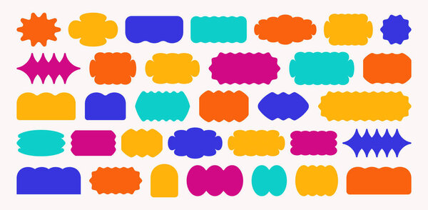 Abstract shape stickers. Vector frame elements set. Label design form graphic kit. Retro bubble badges or logo background. Trendy y2k pop art cartoon icon pack. Abstract geometric shapes, patches