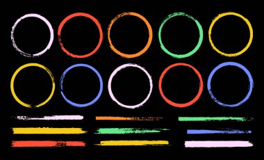 Renkli çocuk çizgileri ve çemberleri hazır. İğrenç vektör dairesel ve düz uzun çizgiler. Parlak çocuksu soyut mürekkep fırçası sanat şekilleri. El çizimi kirli dokular hazır. Kirli sıkıntılı şekiller